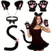 Resim Tam Kedi Kostüm Seti - Peluş Kulaklı Bandana, Eldiven ve Zilli İsimli Kuş Tüyü Kolye Yaka ile Pembe Patika Baskı Rol Oyunu Giysisi (Yumuşak Siyah & Pembe Feline) Halloween, Cosplay, Temalı Partiler için 