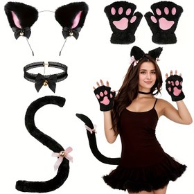 Resim Tam Kedi Kostüm Seti - Peluş Kulaklı Bandana, Eldiven ve Zilli İsimli Kuş Tüyü Kolye Yaka ile Pembe Patika Baskı Rol Oyunu Giysisi (Yumuşak Siyah & Pembe Feline) Halloween, Cosplay, Temalı Partiler için 