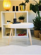 Resim WEBPANYA MOBİLYA Webpanya Gürgen Retro Ahşap Ayaklı Oval Handmade Kırık Beyaz Pofidik Puf Bench Koltuk Sandalye 
