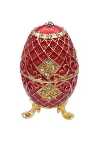 Resim Faberge Yumurta Swarovski Taşlı Lüks Mücevher Kutusu Kırmızı 10cm 