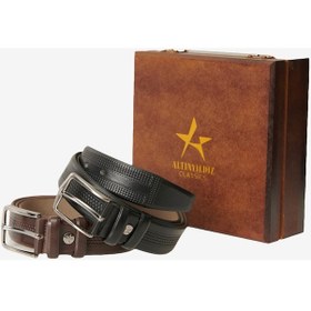 Resim AC&Co / Altınyıldız Classics Erkek Siyah-kahverengi Özel Ahşap Kutulu 2'li Takım Elbise Kemeri Damat Bohçası Kahverengi - Siyah 