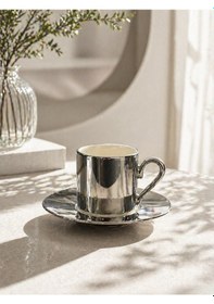 Resim 2 Li Porselen Kaplama Yaldızlı Kahve Fincan Takımı Seti 90ml Gümüş 