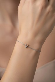 Resim V Harfi 18 Ayar Beyaz Altın Kaplama 18 Cm Gümüş Bileklik Rodyum 