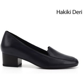 Resim Gönderi R Lacivert Antik Küt Burun Kısa Kalın Topuklu Hakiki Deri Ayakkabı Lacivert 