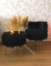 Resim Morfoni Peluş Puf Berjer & Yuvarlak Peluş Puf 2'li Set Siyah Takım Gold 4 Ayak 