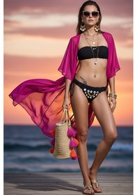 Resim Deniz Kabuğu Tığ Işi Örme Yüksek Bel Yandan Bağlamalı Plaj Sahil Tatil Bikini Alt Siyah 
