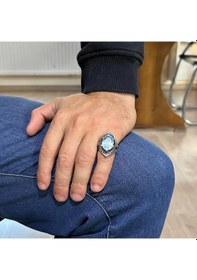 Resim Gerçek Doğal Mavi Londra Topaz Taşlı Yüzük, Gümüş Erkek Kral Yüzüğü Gümüş 