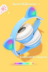 Resim Teknosepetim Kablosuz Bluetooth 5.0 Led Işıklı Kedili Şık Kulaklık Hediye Çocuk Oyuncu, Gri 