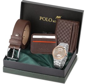 Resim Polo Air Erkek Kol Saati Dama Desenli Cüzdan Kemer Kartlık Kombin PL-0839E3 Kahverengi Set 