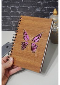 Resim Kelebek Desenli Ahşap Defte Resim Defteri - Günlük - Çizgisiz Defter Ahşap Rengi Ceviz A5 Notebook 