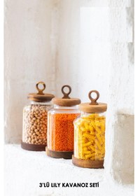 Resim Cam Kavanoz Seti Akasya Kapaklı Hava Almaz 3lü Kitchen Kavanoz Takımı Kahverengi 