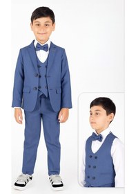 Resim Tarz Çocuk Erkek Çocuk Mavi Yelekli Takım Elbise 5 Li Set Ceket, Yelek, Pantolon, Gömlek Ve Papyon Özel Gün Mavi 