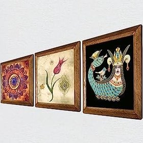 Resim Pinecone Mandala, Lale Ebru Sanatı, Şahmeran Taş Duvar Tablosu - Ahşap Çerçeveli Taş Tablo - 25x25 cm - 3 Parça Set - Dekoratif Duvar Sanatı - Modern Ev ve Ofis Duvar Dekoru W3-672 