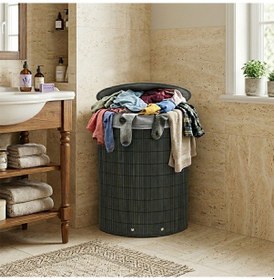 Resim Gri Üçgen 35x60cm - Y:60cm Bambu Ahşap Kirli Çamaşır Sepeti Seyyar Kapaklı Kumaş Çantalı İp Kulplu 5399 Çok Renkli 