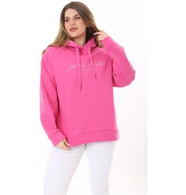 Resim Kadın Büyük Beden Bebe Mavisi İçi Şardonlu 3 İplik Kumaş Kapşonlu Sweatshirt 65n37575-pembe Pembe 