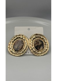 Resim Gold Plaka Oval Taşlı Küpe Çok Renkli 
