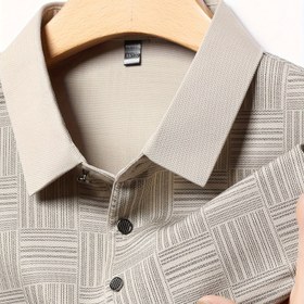 Resim Erkekler için Hafif Uzun Kollu Gömlek - Rahat ve Konforlu, Düz Renkli Çizgili Kare Desenli, Düğme Detaylı, Polyester Karışımı 