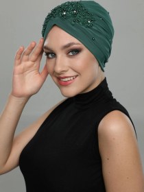 Resim Elysianfidan Kopma Astarlı Işlemeli Yeşil Dantel Motifli Hazır Türban Tesettür Abiye Bone Yeşil Dantel 
