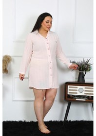 Resim Akbeniz Kadın Büyük Beden Keten Düğmeli Uzun Kol Pembe Tunik Gecelik 12200-pembe Pembe 