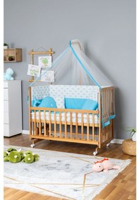 Resim Ahşap Beşik Anne Yanı Beşik Vernikli 60x120 - Mavi Balina Uyku Seti + Yataklı + Tekerlekli Ahşap 