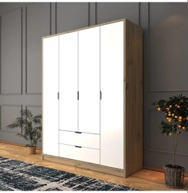 Resim Nisan Açık Ceviz-beyaz 140 Cm 4 Kapılı 2 Çekmeceli Elbise Dolabı - Gardırop Açık Ceviz & Beyaz 