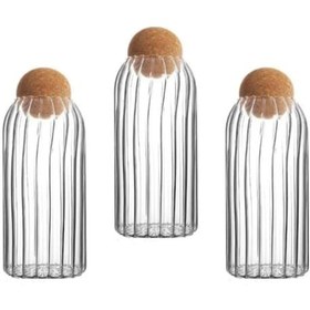 Resim Morponi 3 Adet Top Mantar Kapaklı Çizgili Cam Kavanoz Ve Baharatlık Seti 1000 Ml Şeffaf 