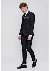 Resim Morven Siyah Yelekli Jakarlı Slim Fit Dar Kesim 6 Drop Erkek Takım Elbise Siyah 