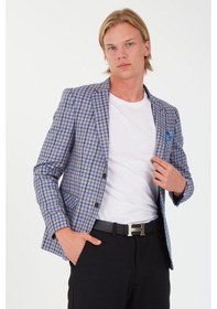 Resim Sposo 5138 Dar Kalıp Kare Desenli Lacivert Erkek Blazer Ceket Lacivert 