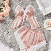 Resim Deri Detaylı Düz Renk Halter Yaka Pijama Seti, Derin V Yaka Üst ve Yüksek Bel Şortlu, Ev Giyimi İçin Yumuşak Polyester Karışımı Kadın Pijamaları 