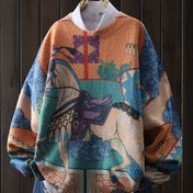 Resim Kadın Vintage Karikatür At Baskılı Kazak - Esnek Kumaş, Kazak Elbise ile Vibrant Hayvan Desenli, Tüm Mevsim Rahat Üst, Tüm Mevsim Kazak | Vibrant Hayvan Baskısı | Esnek Kumaş, Kazak Elbise 