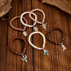 Resim 6 adet Bohemian Kaktüs ve Kovboy Şapkası Boncuklu Bileklik Seti - Vintage Polimer Kil Tasarımı, Kadınlar için Hafif Lüks Tatil Hediyesi, Tüm Mevsimler için Çok Yönlü Aksesuarlar, Şenlikli Aksesuar | Vintage Kovboy Teması | Dayanıklı Polimer Kil, Kovboy Aksesuarları 