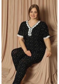 Resim Pijamoni Kadın Viskon Büyük Beden Kısa Kol V Yaka İnce Pijama Takımı 7530/2 - 1 Adet 001 