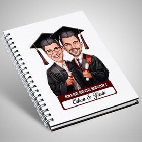 Resim Karikatürlü Üniversiteli İki Erkek Arkadaş Mezuniyet Defter 
