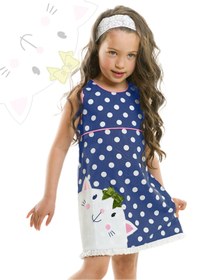 Resim Denokids Kedili Puantiyeli Kız Çocuk Lacivert Yazlık Poplin Elbise 