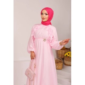 Resim JAG Önü Fırfırlı Bağcık Detaylı Tesettür Elbise Pembe 