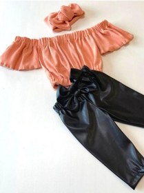 Resim Özge Başaran Çocuk, Likralı Deri Fiyonk Detaylı Pantolon, Somon Rengi Straplez Crop Bluz Ve Saç Pembe 