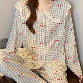 Resim Edebi Retro İki Renkli Ekose Nokta Tatlı Küçük Kiraz Baskılı Kadın Bulut Pijamaları Moda Basit İns Tarzı Zarif Dantel Ekleme Oyuncak Yaka Çift Cep Loungewear 2025 Bahar Sonbahar Yeni Y2k Uzun Kollu Pantolon Pijama Seti 