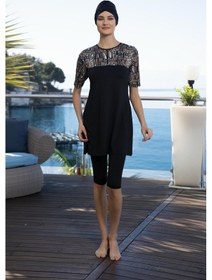 Resim Estiva Kadın Boneli Yarım Kol Yarım Fermuarlı Dijital Desenli Taytlı Mayo Siyah Beyaz 