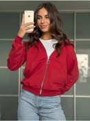 Resim Fermuarlı Kapüşonlu Kadın Hafif Kapüşonlu Sweatshirting. 471250305 Kırmızı 