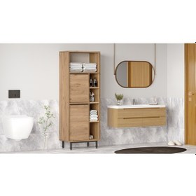 Resim Lidya Banyo Dolabı Çok Amaçlı Dolap 2 Kapaklı Metal Ayaklı Sepet Kahverengi 