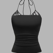Resim Kadınlar İçin Seksi Halter Yaka Kısa Üst - Esnek Polyester-Spandeks Karışımı, Dantel Detaylı Siyah, Makinede Yıkanabilir İlkbahar/Sonbahar Şık Üst Günlük ve Resmi Giyim 