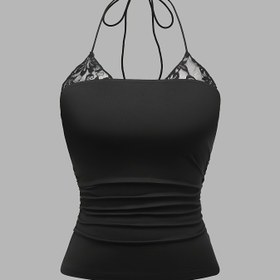 Resim Kadınlar İçin Seksi Halter Yaka Kısa Üst - Esnek Polyester-Spandeks Karışımı, Dantel Detaylı Siyah, Makinede Yıkanabilir İlkbahar/Sonbahar Şık Üst Günlük ve Resmi Giyim 