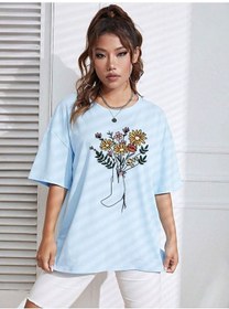 Resim Çiçek Desenli T-shirt - Bebe Mavisi Oversize Baskılı Bisiklet Yaka Bebe Mavisi 