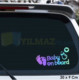 Resim yılmazetic Bebek Ayak Izi Biberon Arabada Bebek Var Hologram Oto Sticker Etiket Çıkartma Yapıştırma 20 X 9 Cm 