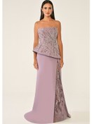 Resim Straplez İşlemeli Yırtmacı Tül Krep Uzun Abiye Elbise Alfa Beta Vizon 