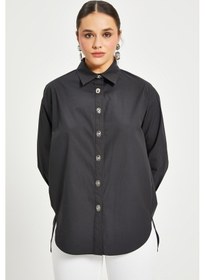 Resim Serpil Exclusive Kadın %100 Koton Oversize Gömlek Taş Düğme Detaylı Uzun Kollu Şık Model Siyah 