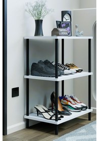 Resim 3 Katlı Ayakkabılık Raf - Çevir Tak Sistemli Kolay Kurulum Metal Gövde Ahşap Raflı Organizer Beyaz 