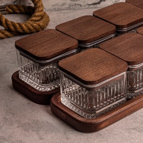 Resim Snippy Bella Kare 10 Parça Tepsili Ahşap Vakumlu Kapaklı Cam Kahvaltılık Çok Amaçlı Cam Çerezlik 230ML 