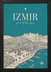 Resim İzmir Line Art Print - Teal Clock Tower Kadifekale Aegean Coast Wall Art - With Hanger - Wood / 8,3 x 11,7" (21x30) 