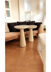 Resim Doğal Naturel Renk Ahşap Mantar Sehpa Takımı 2li Set Bej 